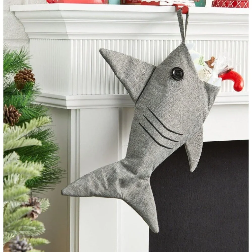 Holiday Time Gray Shark Christmas Stocking 20” Button Eye White Teeth